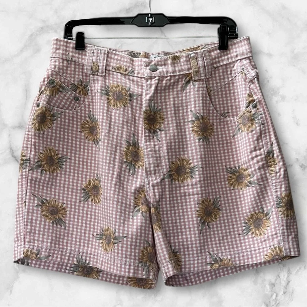 Cactus Jeans Pink White Gingham Check Sunflowers Denim Shorts Size 16 Vintage - Picture 2 of 10
